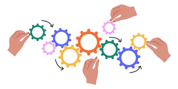 वेक्टर a hand holding a cog automation of business processes in the team the concept of the work organization project