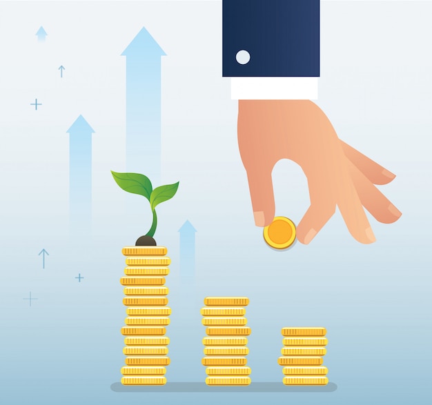 Hand holding coin and plant growth on coins graph