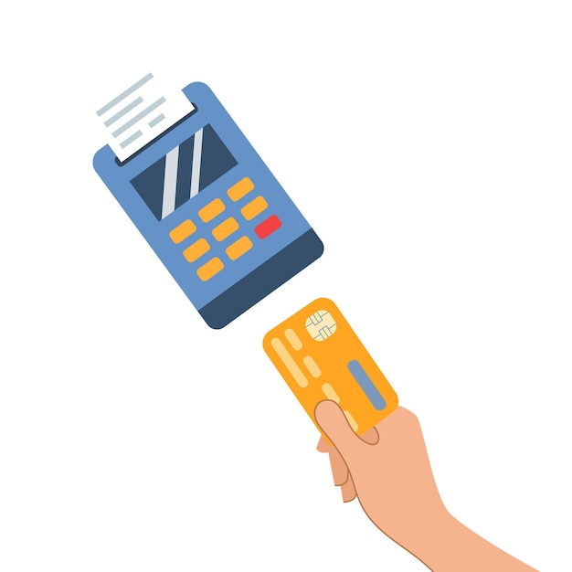 Vector hand holding a credit card flat illustration of a pos terminal