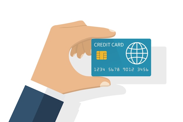 Hand holding credit card Vector illustration flat design style Man holding plastic credit card in hand Credit card for payment Icon of credit card in hand Credit card vector