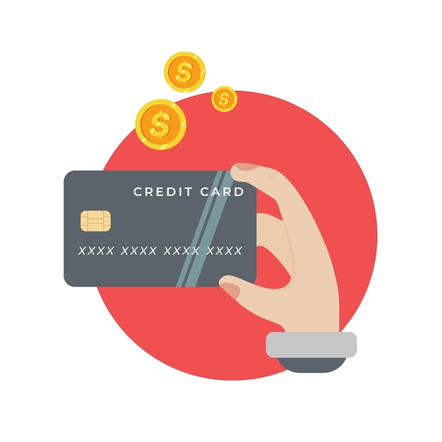 Hand holding a credit card with coin icon, dollars and credit card banner cashback illustratration