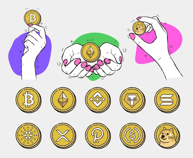 Hand holding crypto currency coin free vector set