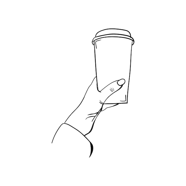 一杯のコーヒーのアイコンを持っている手 一杯のコーヒーを持っている手の手描きの線画