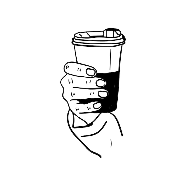 一杯のコーヒーのアイコンを持っている手 一杯のコーヒーを持っている手の手描きの線画