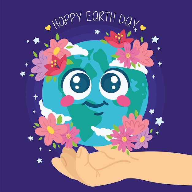 Mano che tiene un simpatico cartone animato pianeta terra con fiori felice giorno della terra illustrazione vettoriale