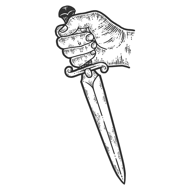 Vector hand holding a dagger sketch scratch board imitation black and white