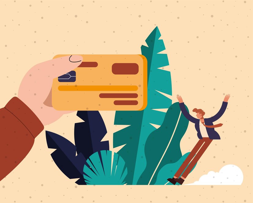 Premium Vector | Hand holding debit card and man cartoon of money