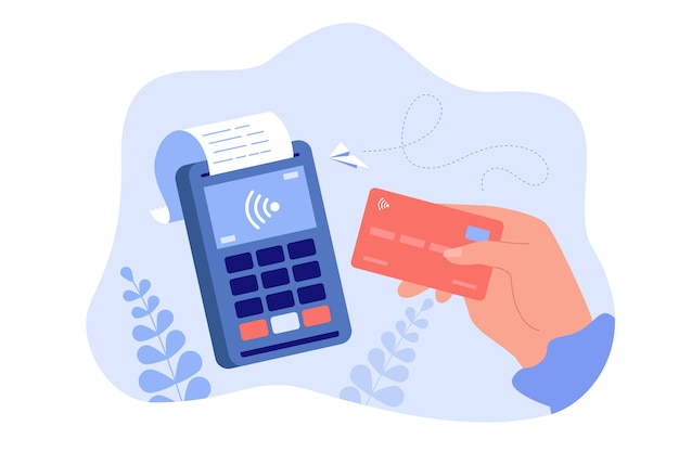 Vector hand holding debit or credit card for payment flat illustration