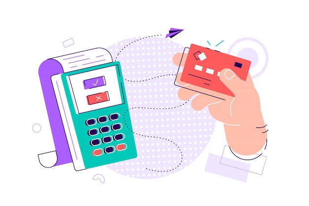 Hand holding debit or credit card, waving it over electronic terminal or reader and paying or purchasing. Contactless payment system or technology. Colorful modern vector illustration in flat style.