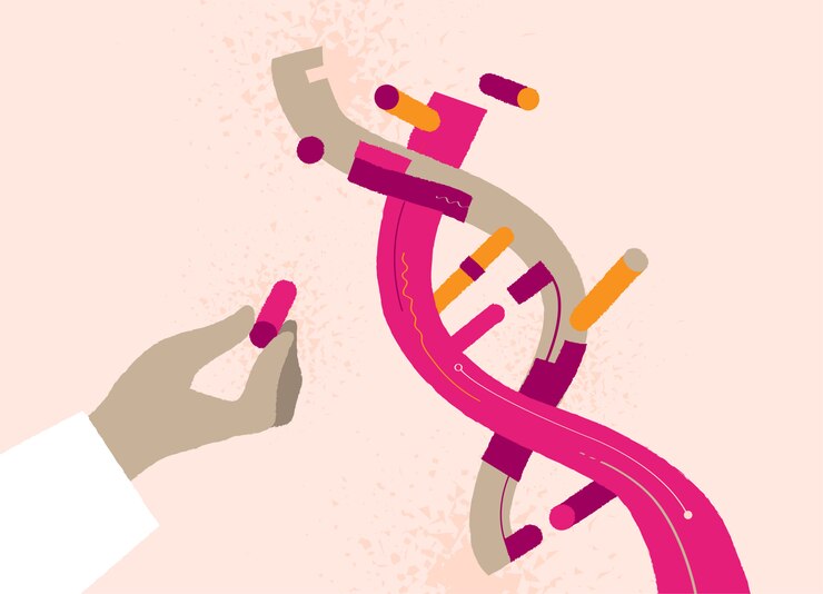 Vector hand holding a dna helix component