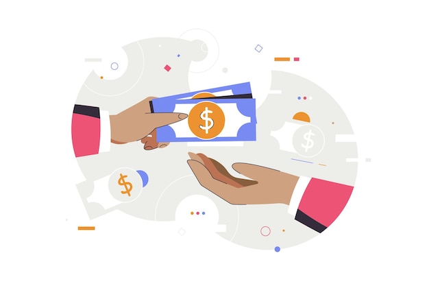 Hand holding dollar bill hands giving money. business, money,\
dollars. flat vector illustration.