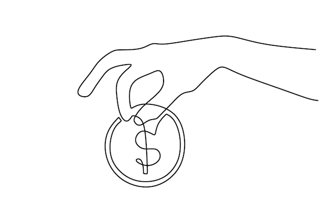 Mano che tiene il disegno a linee continue della moneta da un dollaro