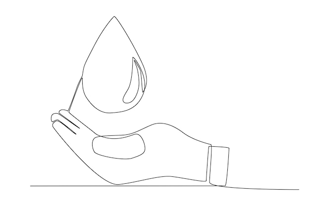 A hand holding a drop of water one line art