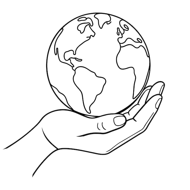 Vector hand holding earth globe continuous line art vector illustration