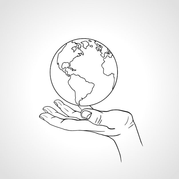 Vettore mano che tiene la terra palm tiene il globo concetto di ambiente illustrazione vettoriale di schizzo disegnato a mano