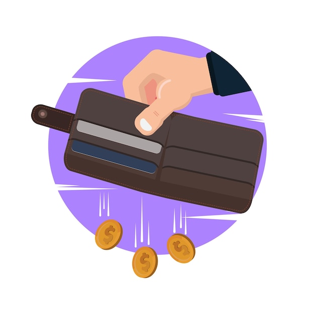 Hand holding empty wallet with coins