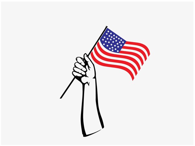 アメリカ合衆国と書かれた旗を持つ手。