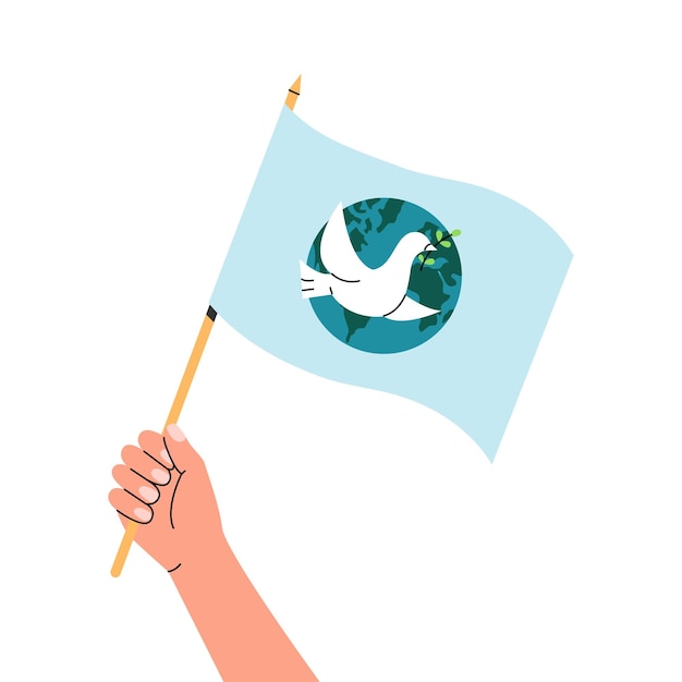 Hand holding flag with white dove in flight holding an Olive Branch on Earth planet background