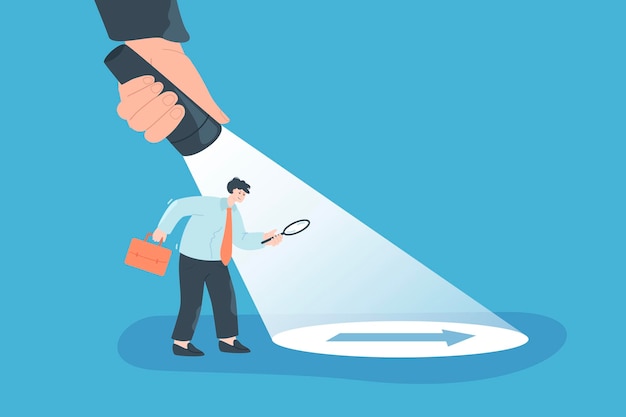 hand holding flashlight and guiding detective or businessman. person searching for solution of problem, arrow in spotlight flat vector illustration. achievement, guidance concept for banner
