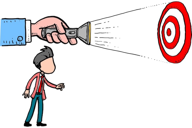 Hand holding a flashlight showing the target Business concept Cartoon vector illustration design