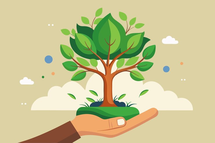 Vector hand holding a flourishing tree vector illustration symbol of growth and nature