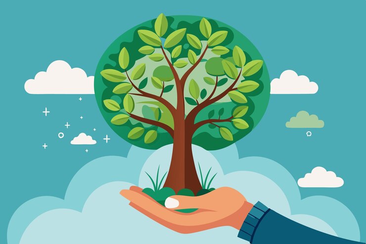 Vector hand holding a flourishing tree vector illustration symbol of growth and nature