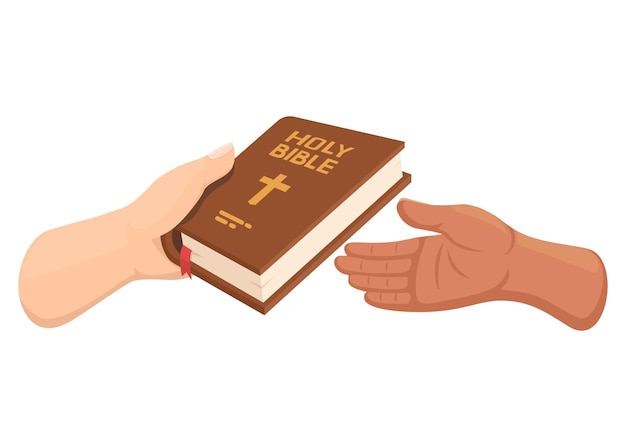 Vector hand holding and give bible holy book cartoon illustration vector