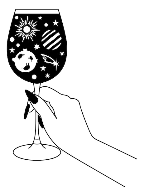 Vector hand holding a glass celestial hand with planets space universe