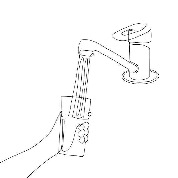 Hand holding a glass Water runs from the faucet Handdrawn illustration Line art