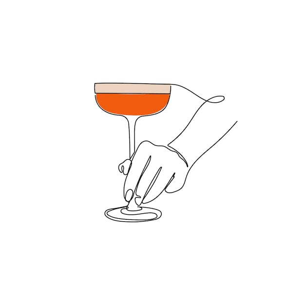 Vettore mano che tiene un bicchiere con cocktail. una linea continua. illustrazione vettoriale disegnata a mano.