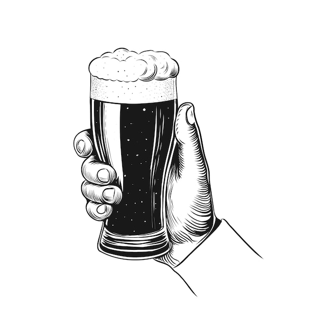 Hand holding glass with craft dark beer Vintage vector engraving illustration Hand drawn ink sketch