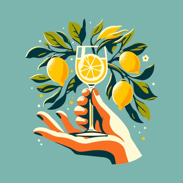 Vector a hand holding a glass with lemons and lemons