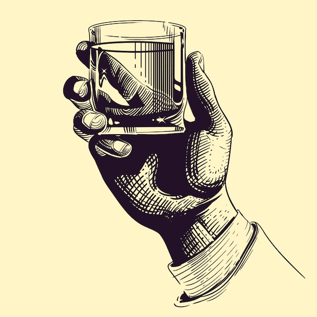 Vector hand holding glass with strong drink vintage illustration