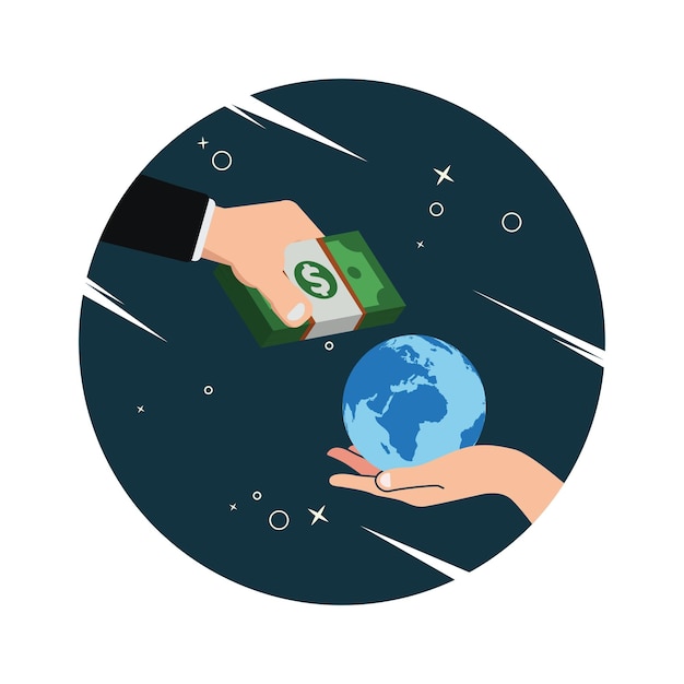 Hand holding globe earth and hand with money vector illustration