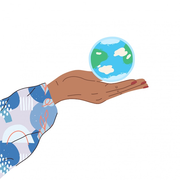 Vector hand holding the globe earth. palm with the world. eco-friendly, save planet, earth day concept. flat style modern  illustration isolated