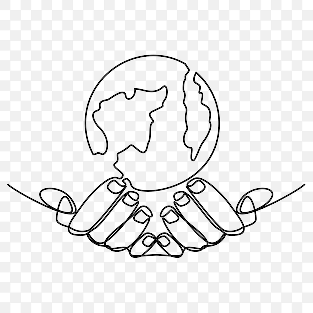 Hand holding globe hand drawing single one line