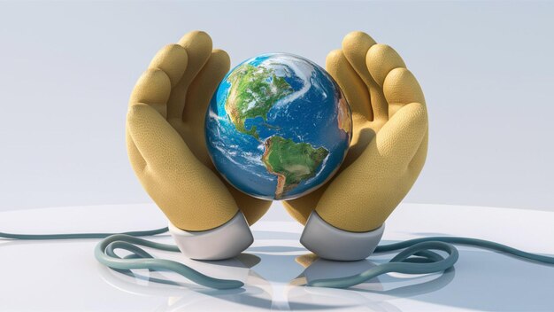 Vector a hand holding a globe with the world around it