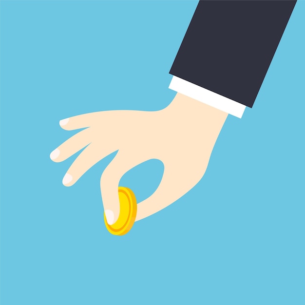 Hand holding gold coin Coin squeezed between fingers Money savings or donation concept Vector