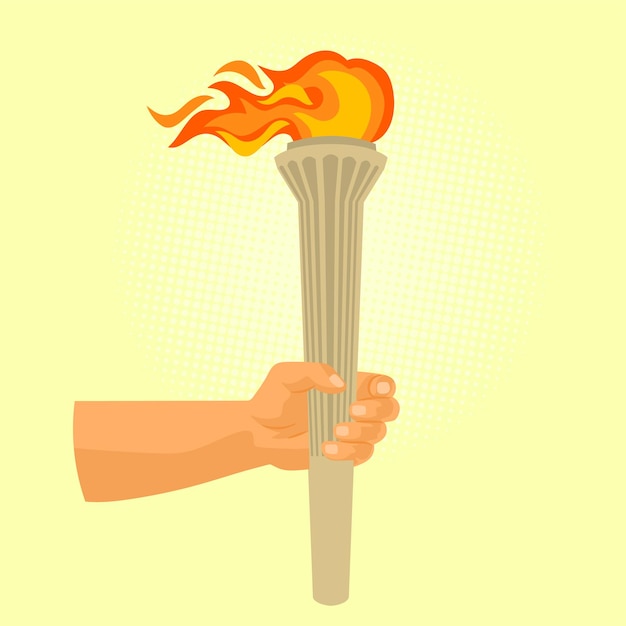 Vector hand holding golden torch with fire flame