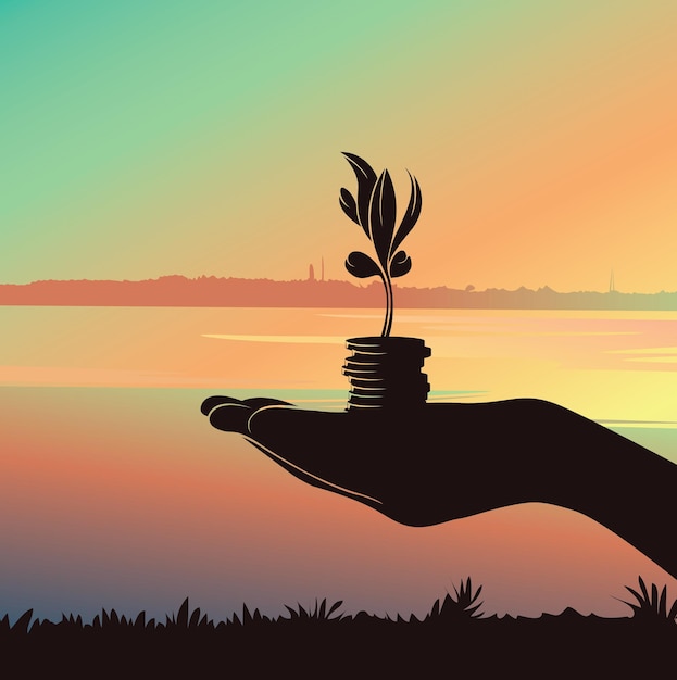 Vector hand holding growing money tree business finance and investment concept silhouette background