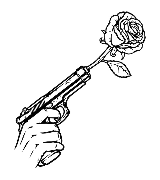Mano che tiene la pistola con l'illustrazione al tratto del fiore di rosa