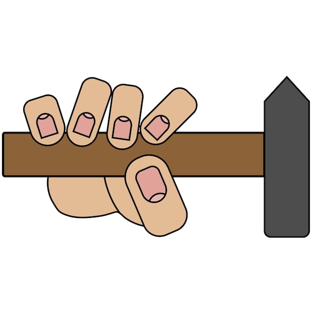 Vettore mano che tiene un martello isolato su sfondo bianco in stile cartone animato