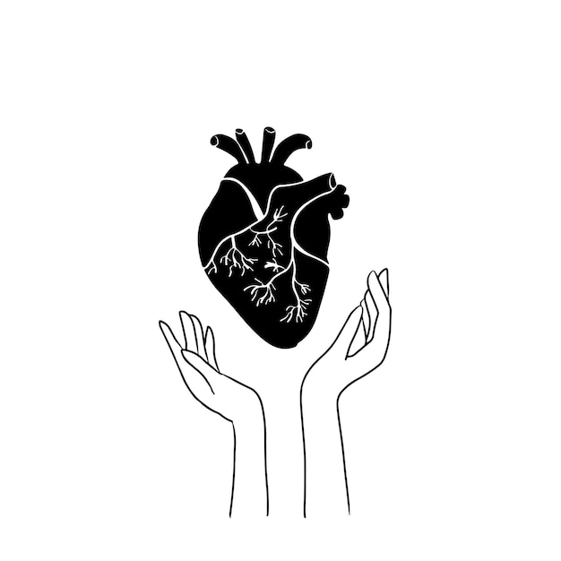Рука держит сердце черно-белую иллюстрацию стиля линогравюры