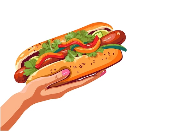 Vector hand holding hotdog vector cartoon flat elements isolated on background