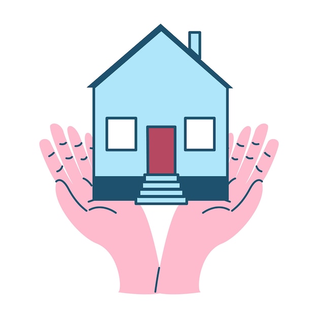 A hand holding a house in front of a white background