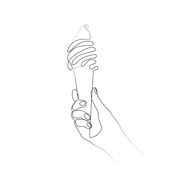 Hand holding ice cream. One line art drawing style. Ice cream horn. Hand drawn vector illustration.