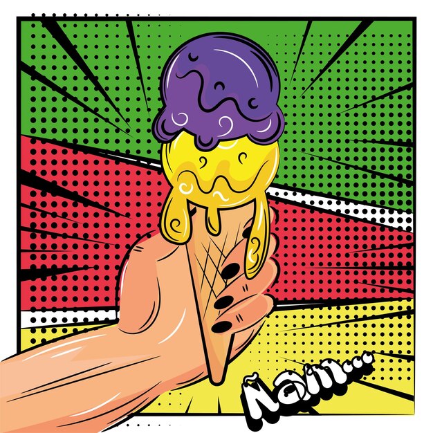 Vettore mano che tiene uno schizzo di gelato illustrazione vettoriale della pagina comica