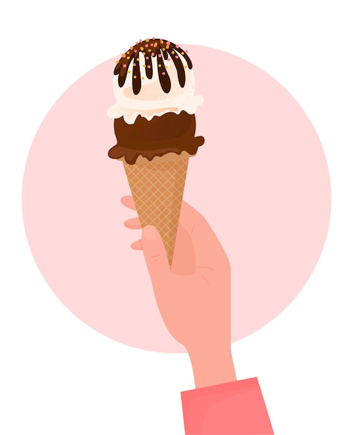 Vector hand holding ice cream in a waffle cone.