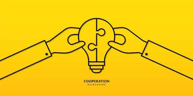 Hand holding jigsaw puzzle on yellow background Business solutions cooperation and teamwork concept