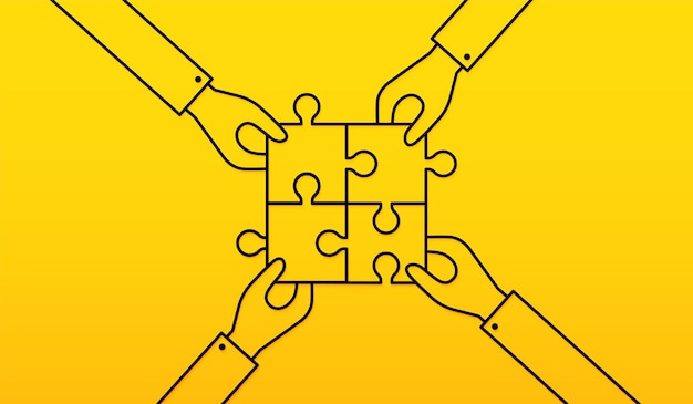 Vector hand holding jigsaw puzzle on yellow background business solutions cooperation and teamwork concept